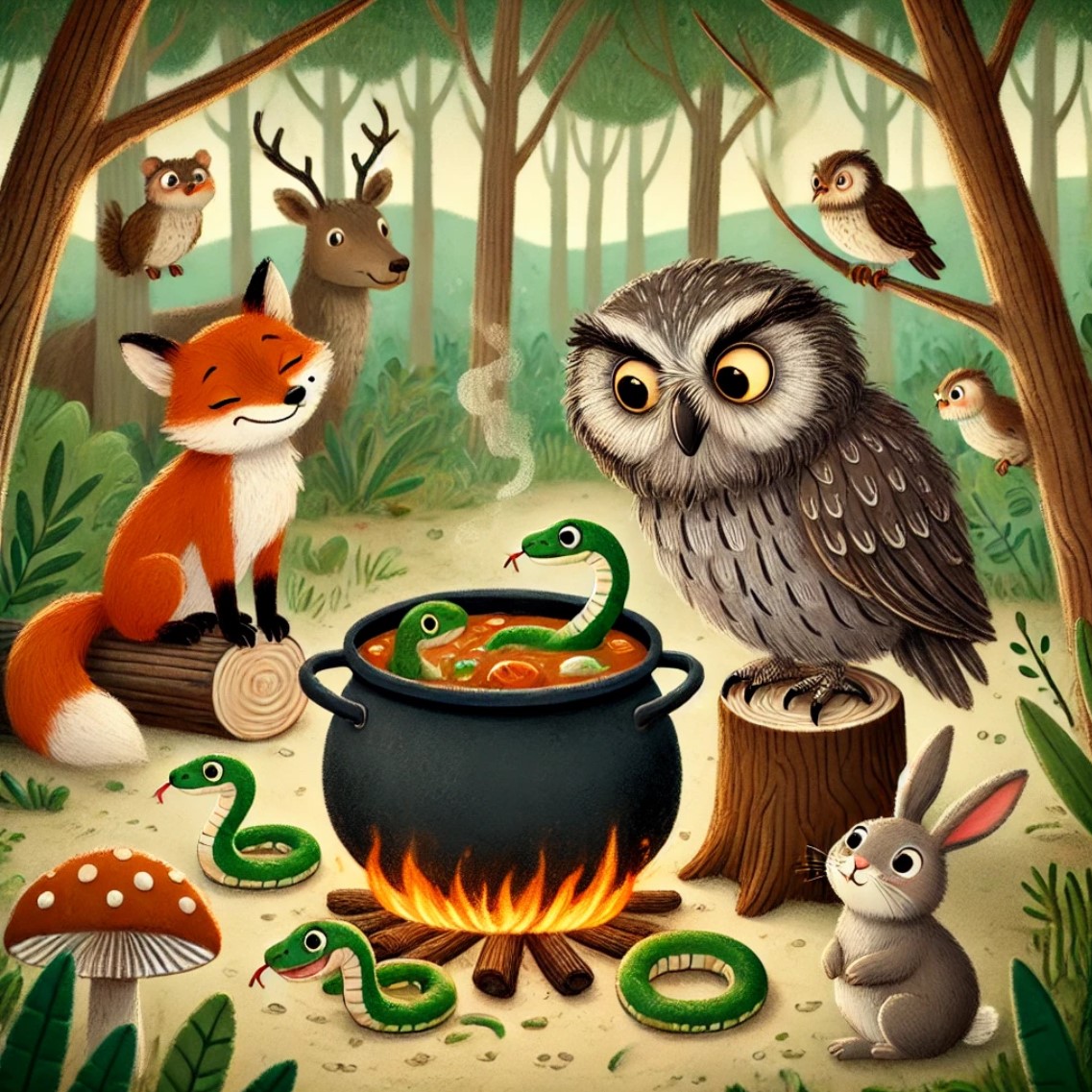 Animals gathering around a glowing pot